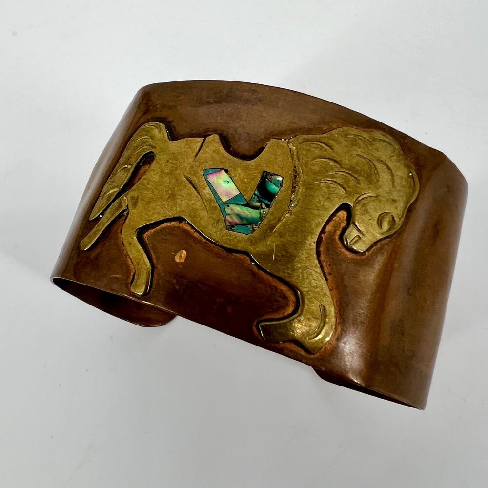 Vintage Mexican Horse Cuff Bracelet Mixed Metal Inlay Abalone Copper Brass Artsy